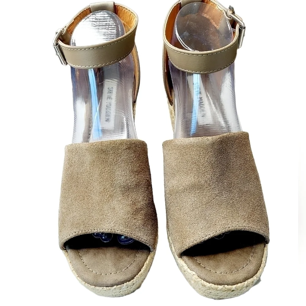 Steve Madden Jaylen Espadrille Suede Leather Wedge Heels Sandals Taupe Size 9
